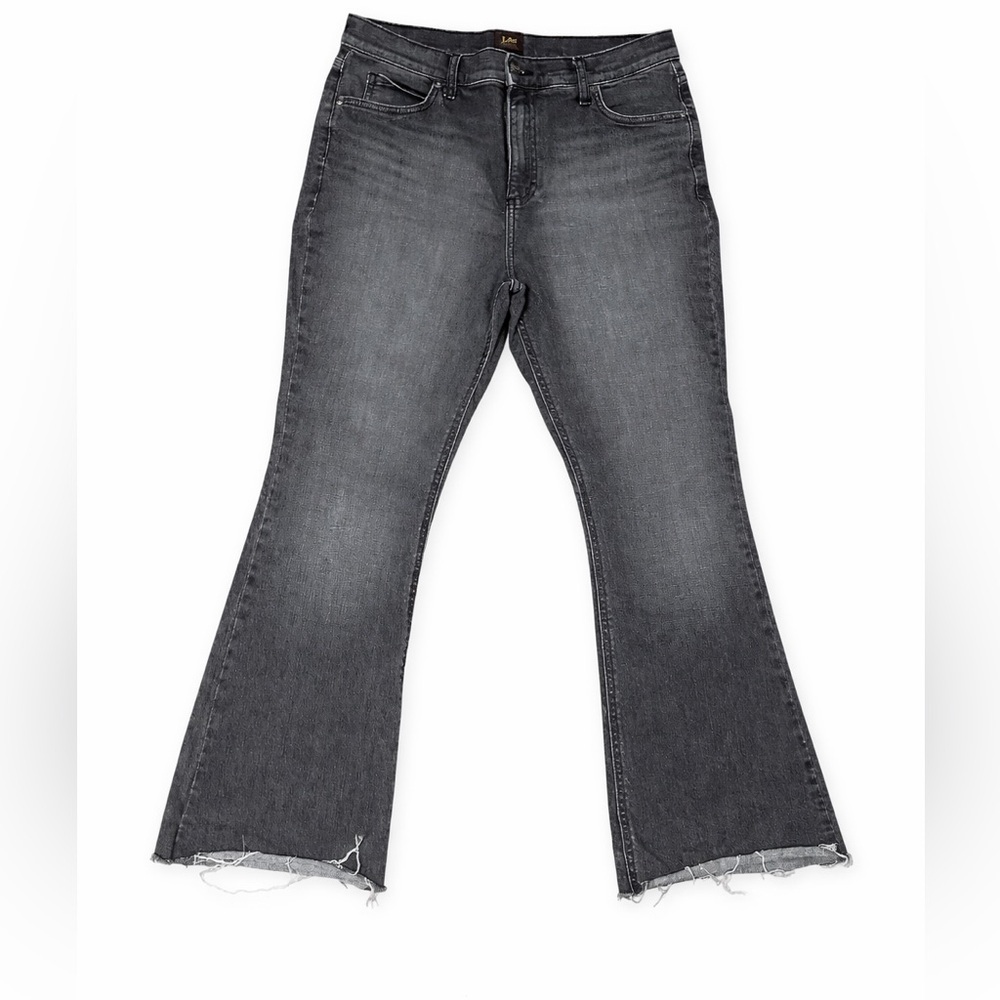 Lee Women’s Gray Bootcut Jeans Size 12 Long Raw Hem Stretch Denim